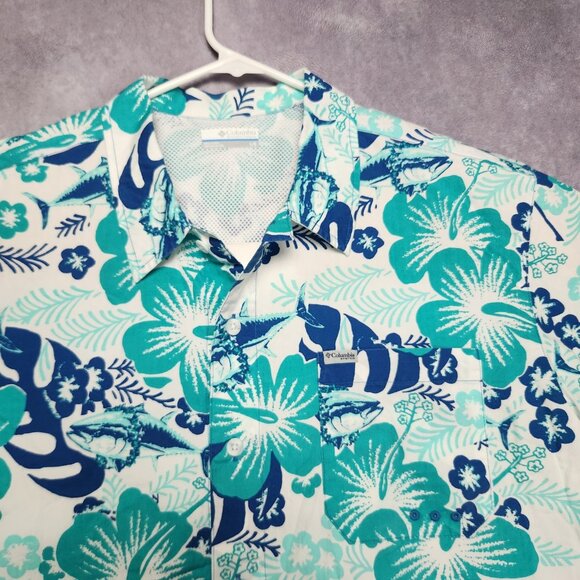 Columbia PFG Shirt Mens Large Floral Hawaiian Fishing Vented Short Sleeve Blue - Picture 3 of 15